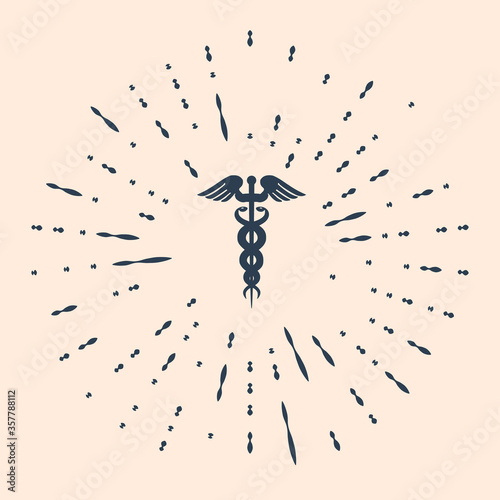 Black Caduceus medical symbol icon on beige background. Medicine and health care concept. Emblem for drugstore or medicine, pharmacy snake symbol. Abstract circle random dots. Vector Illustration