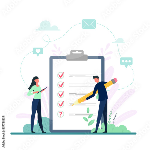 Survey vector illustration. Flat mini persons concept with quality test and satisfaction report. Feedback from customers or opinion form. Client answers understanding with professional research team
