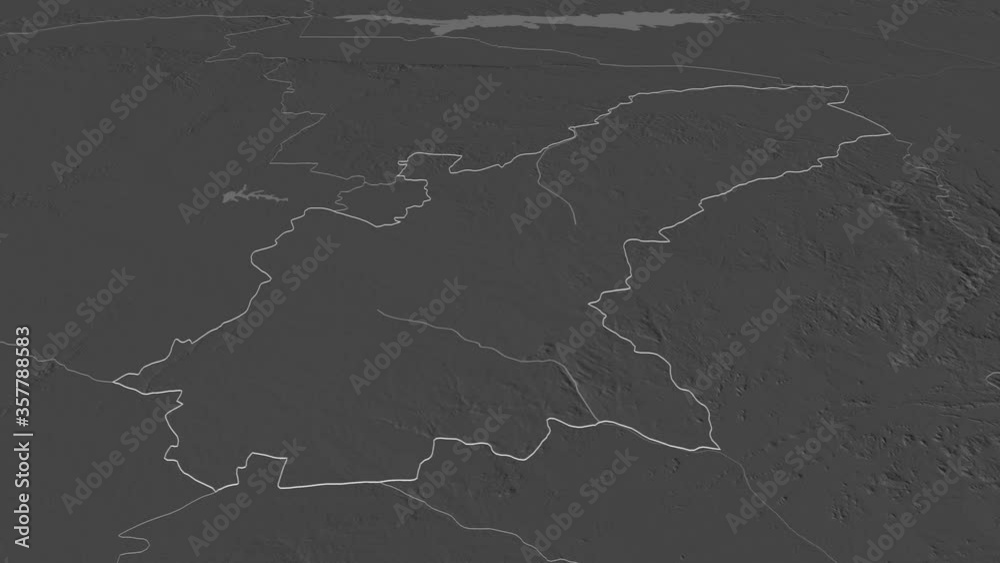 Mashonaland East, province with its capital, zoomed and extruded on the bilevel map of Zimbabwe in the conformal Stereographic projection. Animation 3D