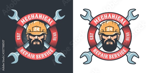 Mechanical repair service with beard man in helmet, wrench and ribbon - vintage logo. Industrial retro emblem. Vector illustration.