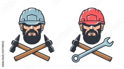 Mechanical workshop service retro logo - bearded man in hard hat with hammer and wrench. Worker in helmet - vintage emblem. Vector illustration.