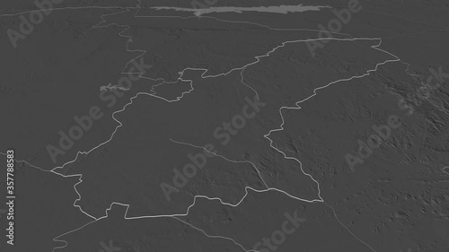 Mashonaland East, province with its capital, zoomed and extruded on the bilevel map of Zimbabwe in the conformal Stereographic projection. Animation 3D photo