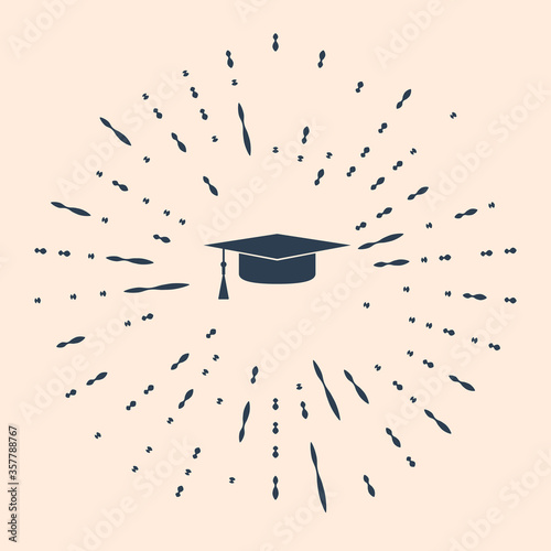 Black Graduation cap icon isolated on beige background. Graduation hat with tassel icon. Abstract circle random dots. Vector Illustration