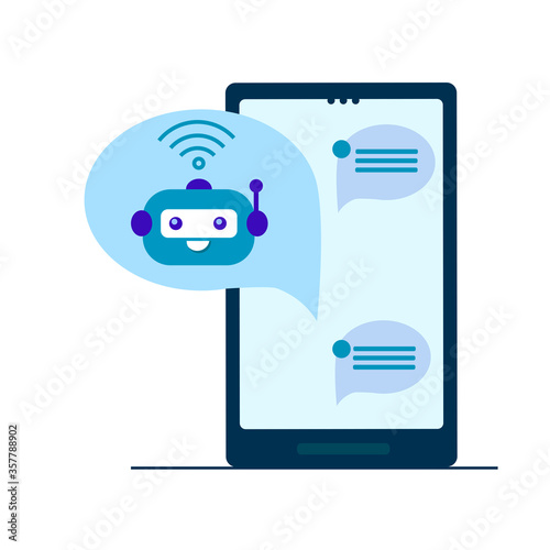 Chatbot in green speech bubble with phone isolated on white background. Chatbot business concept. Cute robot icon for support service. Vector flat illustration. Design for banner, landing page, site.