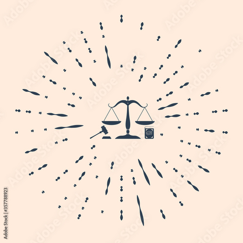 Black Scales of justice, gavel and book icon isolated on beige background. Symbol of law and justice. Concept law. Legal law and auction symbol. Abstract circle random dots. Vector Illustration