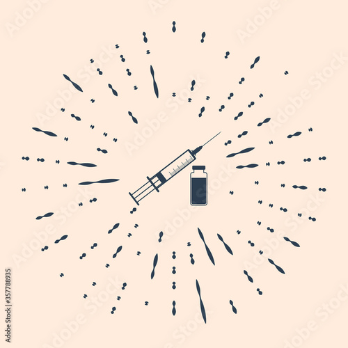 Black Medical syringe with needle and vial or ampoule icon isolated on beige background. Vaccination, injection, vaccine, insulin concept. Abstract circle random dots. Vector Illustration