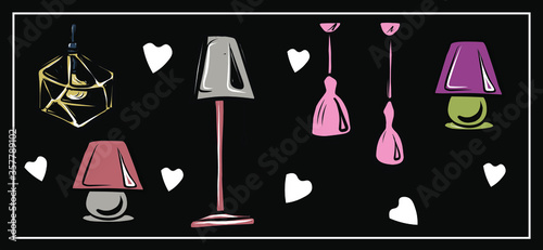 Vector set of isolated images of furniture and household items on a black background. All items can be used separately. Refrigerator, lamps, chandeliers, floor lamp, chests of drawers, cabinet, shelf.