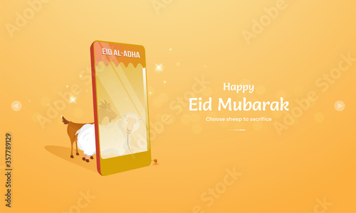 Eid al-Adha greeting concept with illustration of sheep behind the mobile phones