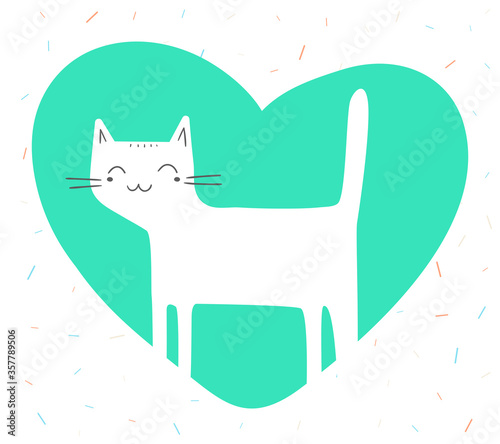 Vector illustration of white color cartoon cat in heart. Lovely happy kitten stands and smiles on white background.