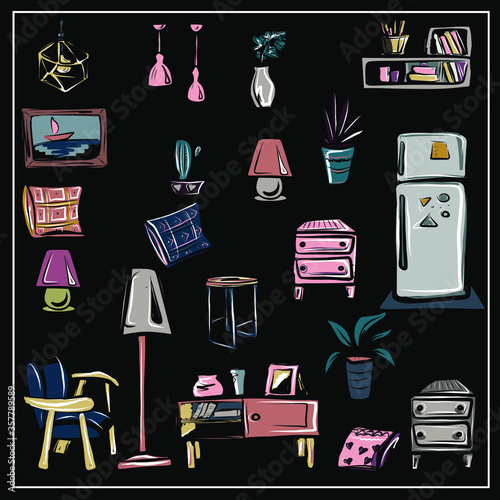 Vector set of isolated images of furniture and household items on a black background. All items can be used separately. Refrigerator, lamps, chandeliers, floor lamp, chests of drawers, cabinet, shelf.