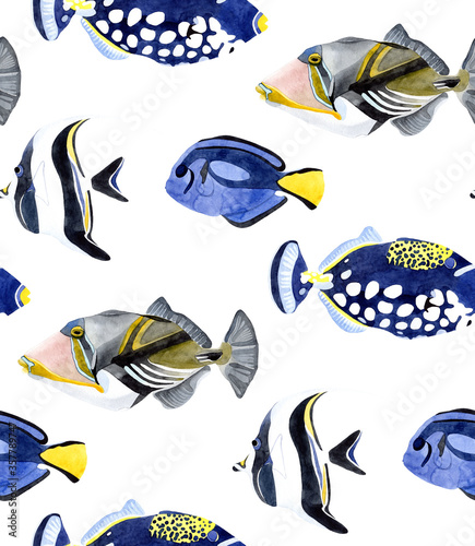 Watercolor seamless pattern with wild exotic fish. Hand drawn objects on white background. Underwater life. For wrapping, fabric, wallpaper.