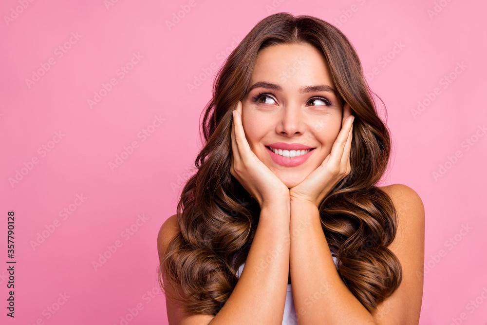 Closeup photo of pretty funny wavy lady overjoyed facial expression arms on cheeks look empty space dreamer wear white casual singlet isolated bright pink color background Closeup photo of pretty funny wavy lady overjoyed facial expression arms on cheeks look empty space dreamer wear white casual singlet isolated bright pink color background