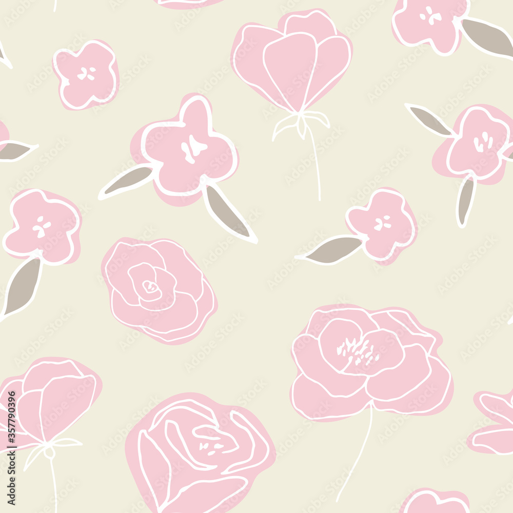 Floral vector seamless pattern with  flowers, leaves and twigs. Beautiful hand drawn bouquets in pastel colors in vintage style.