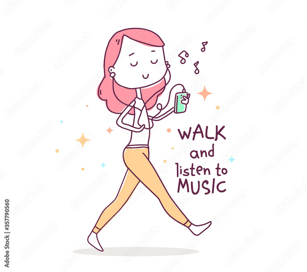 Vector illustration of beautiful happy girl in pants with pink hair walking and listening to music. Vector illustration of beautiful happy girl in pants with pink hair walking and listening to music.
