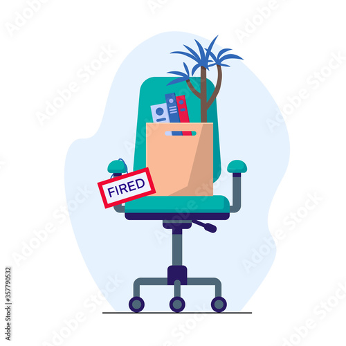 Business chair and box with office things and plant. Fired from job. Flat style vector illustration. Design job loss concept. Template for website, landing page