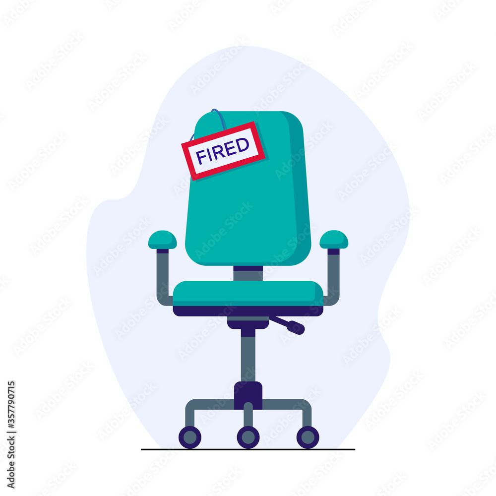 Business chair with sign fired isolated on blue background. Fired from job. Flat style vector illustration. Design job loss concept. Template for website, landing page Business chair with sign fired isolated on blue background. Fired from job. Flat style vector illustration. Design job loss concept. Template for website, landing page