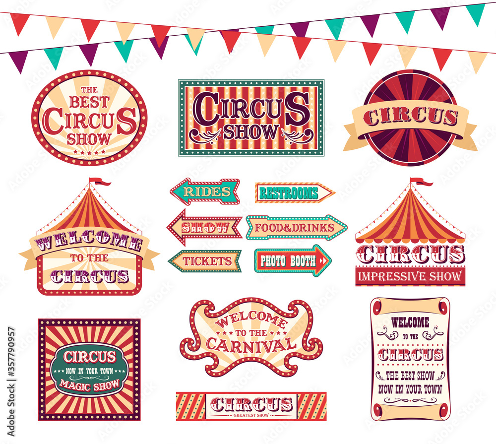 Obraz premium Cartoon Color Circus Show Labels Set. Vector