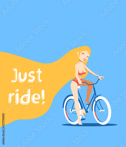 Vector bright color illustration of beautiful happy smile girl in swimsuit on a bicycle with yellow long hair and text on blue background.