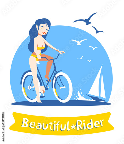 Vector illustration of beautiful happy smiling girl in swimsuit on a bicycle on beach background with blue sky, sea, sailing ship and gulls.