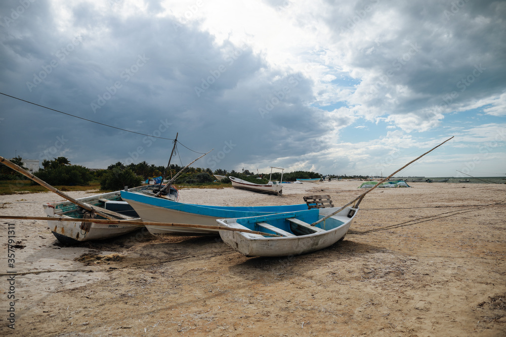Fishing boats on the sand in Mexico,Progreso,Yucatan. Fishing boats on the sand in Mexico,Progreso,Yucatan.