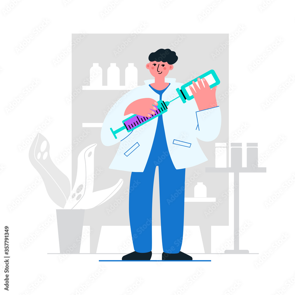 Male doctor with syringe and vaccine vial. Vector flat cartoon illustration vaccination concept. Design for landing page, template, ui ,web, homepage, poster, banner, flyer Male doctor with syringe and vaccine vial. Vector flat cartoon illustration vaccination concept. Design for landing page, template, ui ,web, homepage, poster, banner, flyer