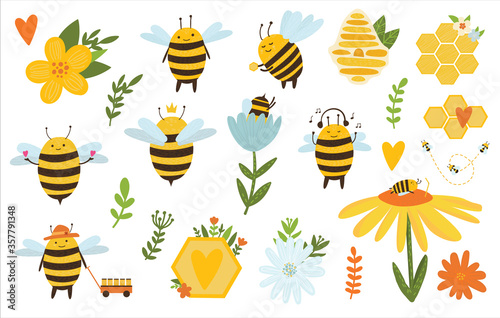 Bee vector bundle. cute Bee with honeycombs, flowers anf leave. Cute cartoon bee for kids, logo, textile, t shirt and other design.Set of kawaii honey bees isolated on white.