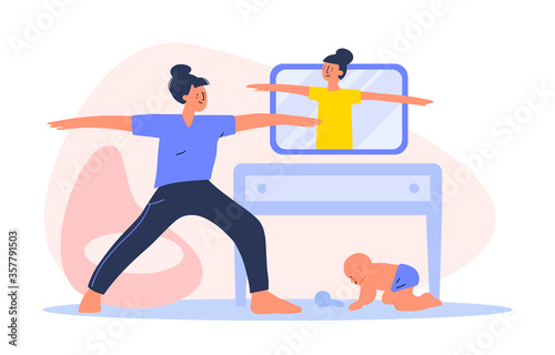 Women cartoon character practicing yoga and fitness, healthy lifestyle, online workout at home. Online on  laptop workout concept. Vector flat illustration for landingpage, banner, web site