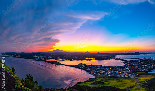 Jeju city skyline and sunset South Korea.