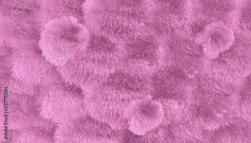 3D Wallpaper for walls. Cute fluffy balls. A wall of pink fur balls. Background for girls. 3D rendering.