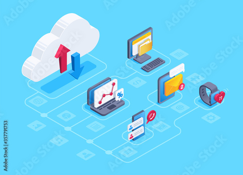 isometric vector image on a blue background, cloud icon with up and down arrows, smart devices and computers transmitting data for storage in the cloud