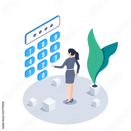 isometric vector image on a white background, a woman enters a pin code on the keyboard, security password