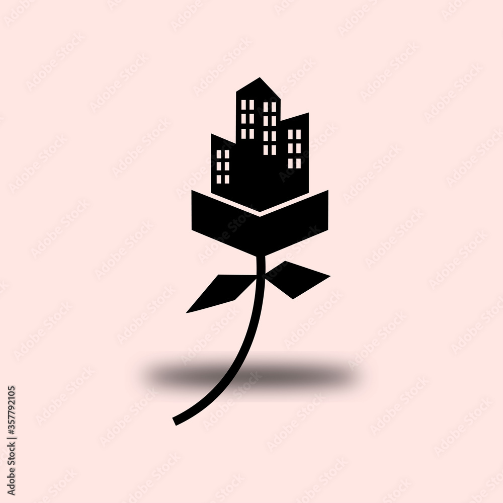 tree or rose and building or city logo design vector icon illustration inspiration
