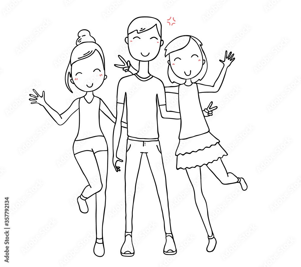 Vector illustration of happy hugging posing boy and girls in summer clothes on white background. Vector illustration of happy hugging posing boy and girls in summer clothes on white background.
