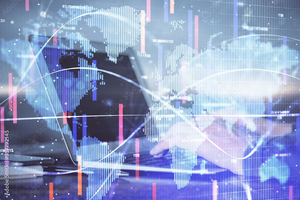 Multi exposure of businessman working on laptop on background. International business hologram in front. Concept of success. Multi exposure of businessman working on laptop on background. International business hologram in front. Concept of success.