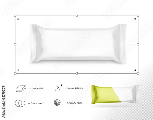 Hight realistic flow packaging mockup. Vector illustration isolated on white background. Can be use for your design, promo, adv and etc. Possibility for food, pharmaceutical, cosmetic. EPS10.	

