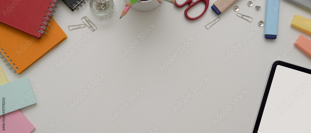 Copy space on white office desk with digital device, stationery and office supplies - obrazy, fototapety, plakaty 