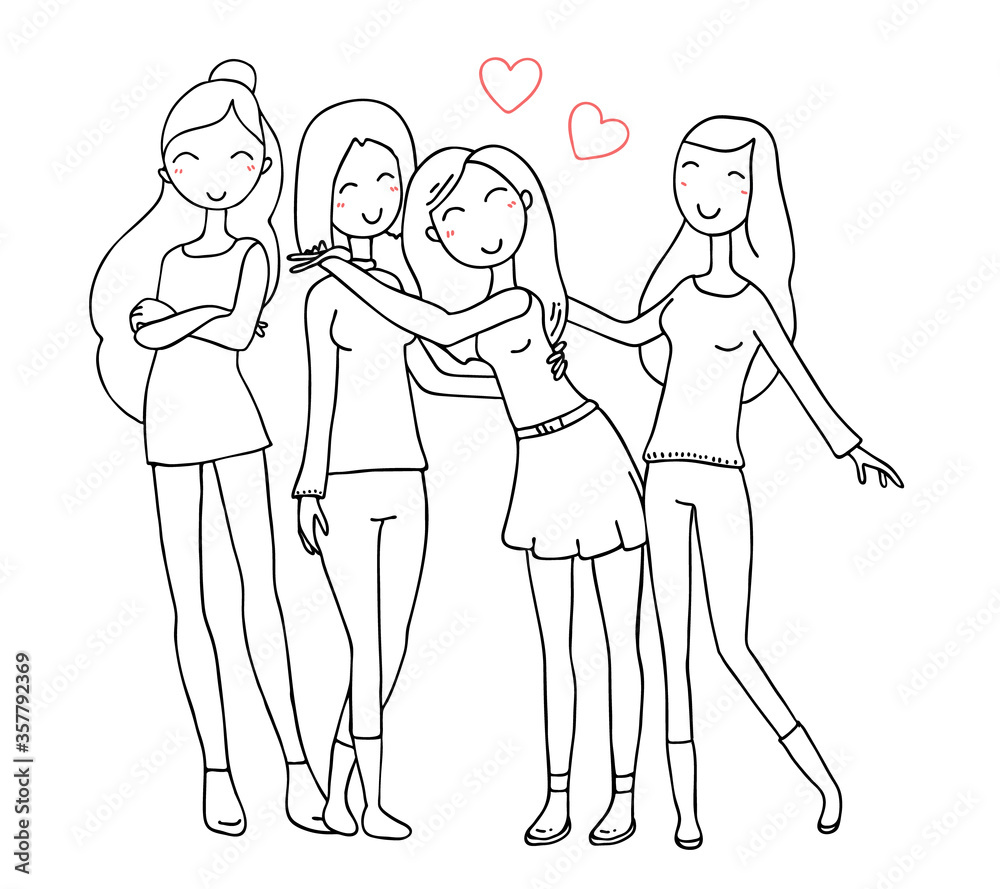 Vector illustration of group of beautiful happy girls. Hugging posing young girls on white background. Vector illustration of group of beautiful happy girls. Hugging posing young girls on white background.