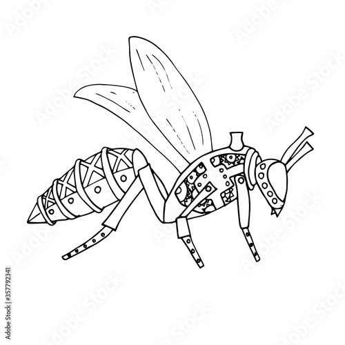 Vector illustration of an insect drawn in steampunk style.Linear drawing of a mechanical wasp. A beetle robot. Coloring books for children and adults, art therapy.