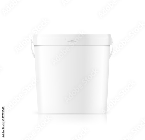 White plastic bucket for paints, food. Realistic vector illustration isolated on white background. Ready for your design. EPS10.	