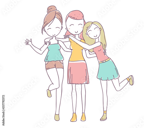 Vector illustration of beautiful happy hugging three girls on white background.
