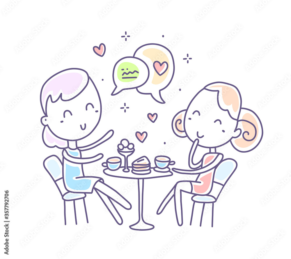 Vector illustration of happy talking women. Girlfriends gossip sitting in a cafe. Vector illustration of happy talking women. Girlfriends gossip sitting in a cafe.