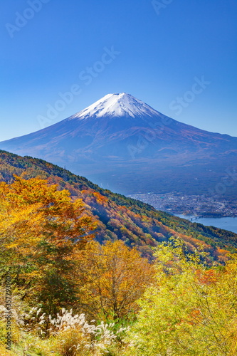 富士山と紅葉、山梨県南都留郡富士河口湖町御坂峠にて