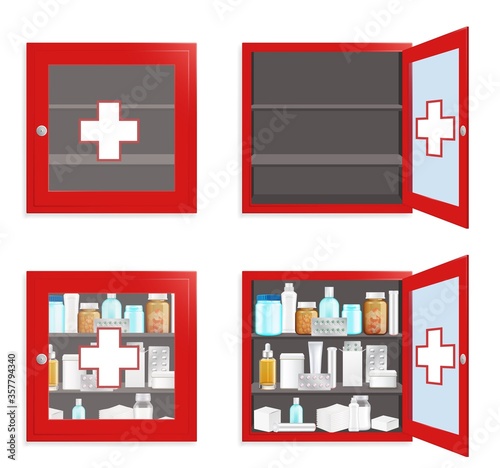 Medical wall box set, vector flat isolated illustration. Red medicine chest first aid kit. Medical cabinet for safe medication storage.