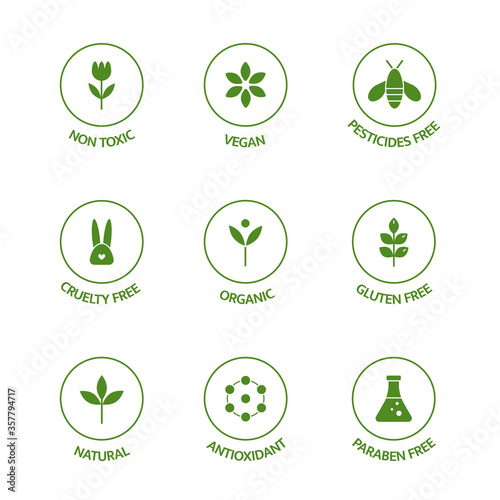 Organic product line icons set. Allergen free badges. Organic cosmetic stickers. GMO free emblems. Dietary food. Natural products. Healthy eating. Vegan, bio food. Vector illustration