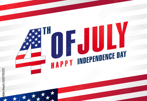 4th of July USA, Independence Day typography banner. United States of America Fourth of July text on light stripes & flags sale vector Illustration