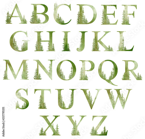 Watercolor alphabet in green colors with forest trees. Evergreen fir, oak letter. Nature floral text elements for decoration, cards, invitation
