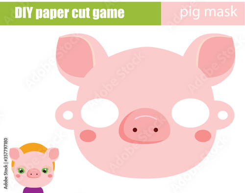 DIY children educational creative game. Make an animal party mask with scissors. Pig paper mask for kids printable sheet