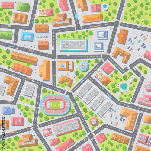 Vector illustration. City top view.  Streets  houses  buildings  roads  crossroads  park  stadium  trees  cars.  view from above 