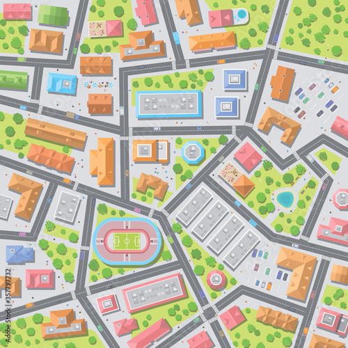 Vector illustration. City top view. 
Streets, houses, buildings, roads, crossroads, park, stadium, trees, cars. (view from above)