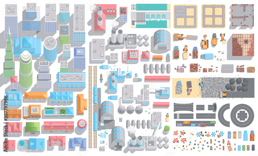 Vector set of cityscape. City, industry and construction. (Top view) Skyscrapers, buildings, houses, roads, factories, plants, construction machinery. (View from above) Vector set of cityscape. City, industry and construction. (Top view) Skyscrapers, buildings, houses, roads, factories, plants, construction machinery. (View from above)